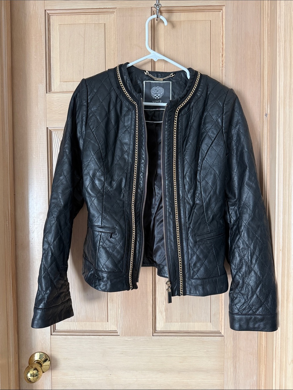 Vince Camuto Black Quilted Leather Jacket with Gold Chain Trim
